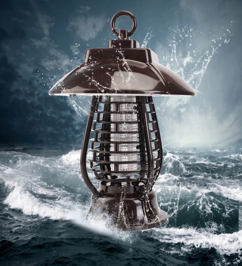White and black solar-powered outdoor mosquito lamp with solar panel on top and LED light body.