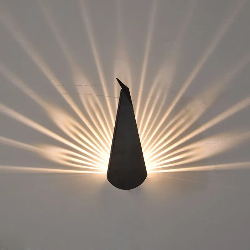 Modern minimalist corridor peacock wall lamp with iron lampshade in black finish, warm light, Scandinavian style