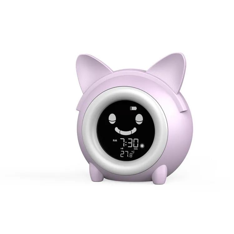 Small round plastic alarm clock with LCD number display in light blue, with alarm and thermometer functions for home or office use