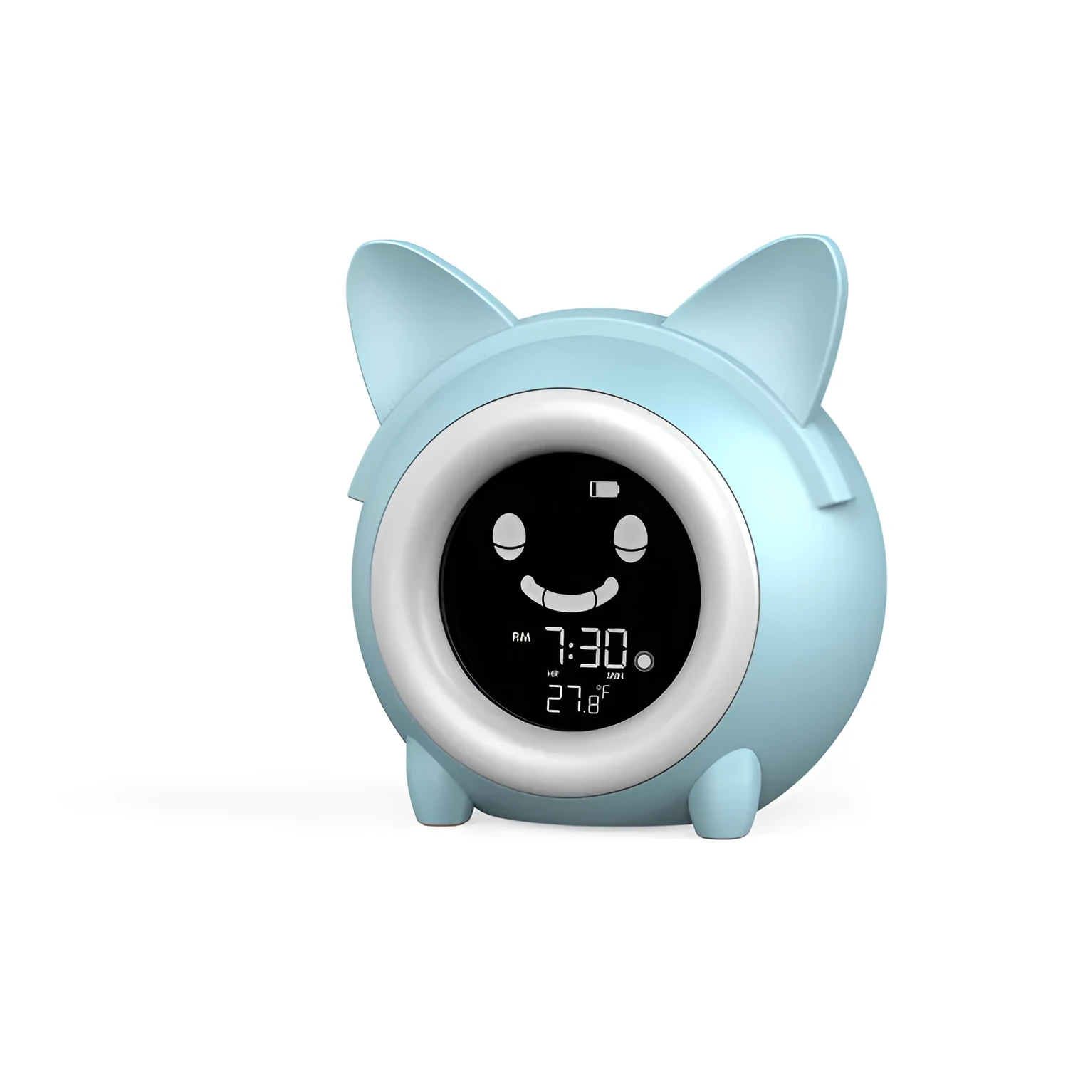 Small round plastic alarm clock with LCD number display in light blue, with alarm and thermometer functions for home or office use