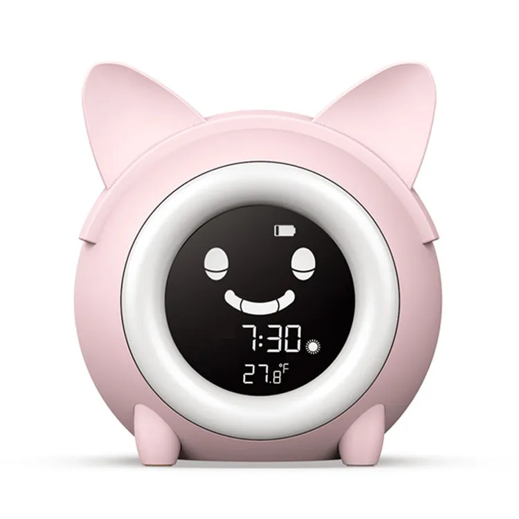Small round plastic alarm clock with LCD number display in light blue, with alarm and thermometer functions for home or office use
