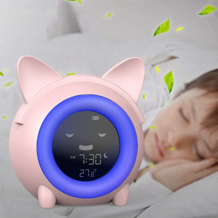 Small round plastic alarm clock with LCD number display in light blue, with alarm and thermometer functions for home or office use