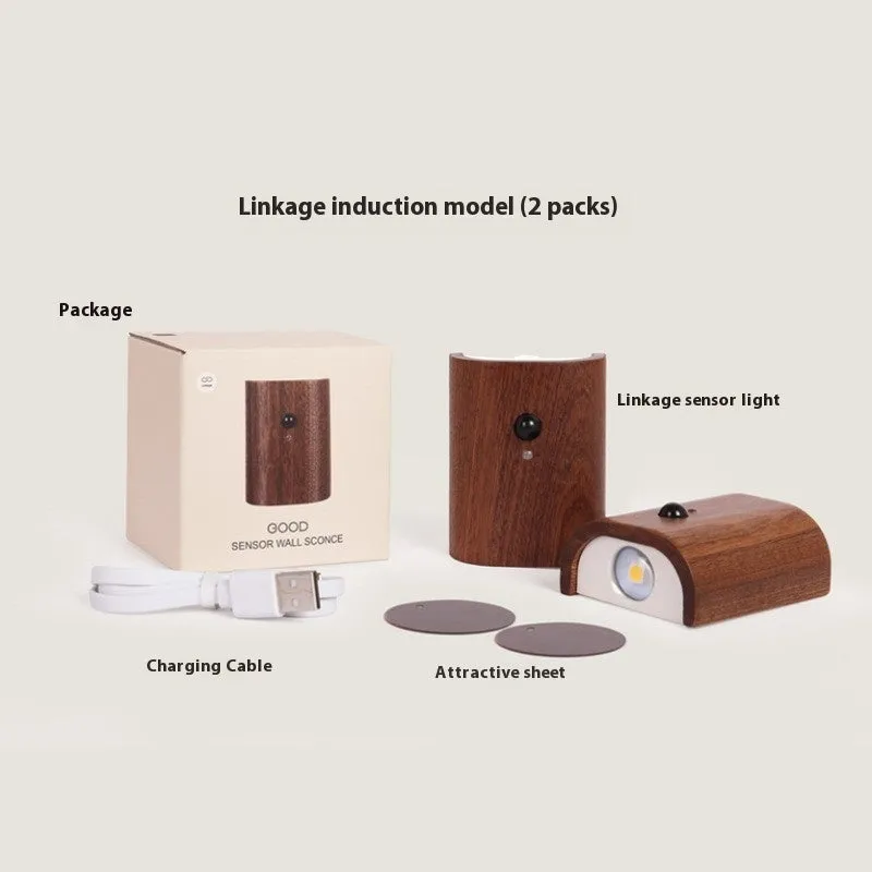 Solid wood pattern linkage human body induction LED light with warm white glow, Sapele finish
