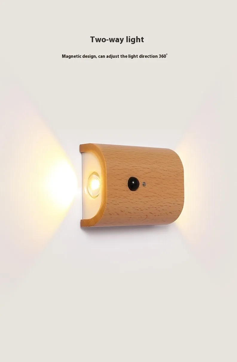 Solid wood pattern linkage human body induction LED light with warm white glow, Sapele finish