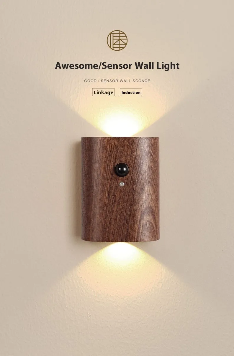 Solid wood pattern linkage human body induction LED light with warm white glow, Sapele finish
