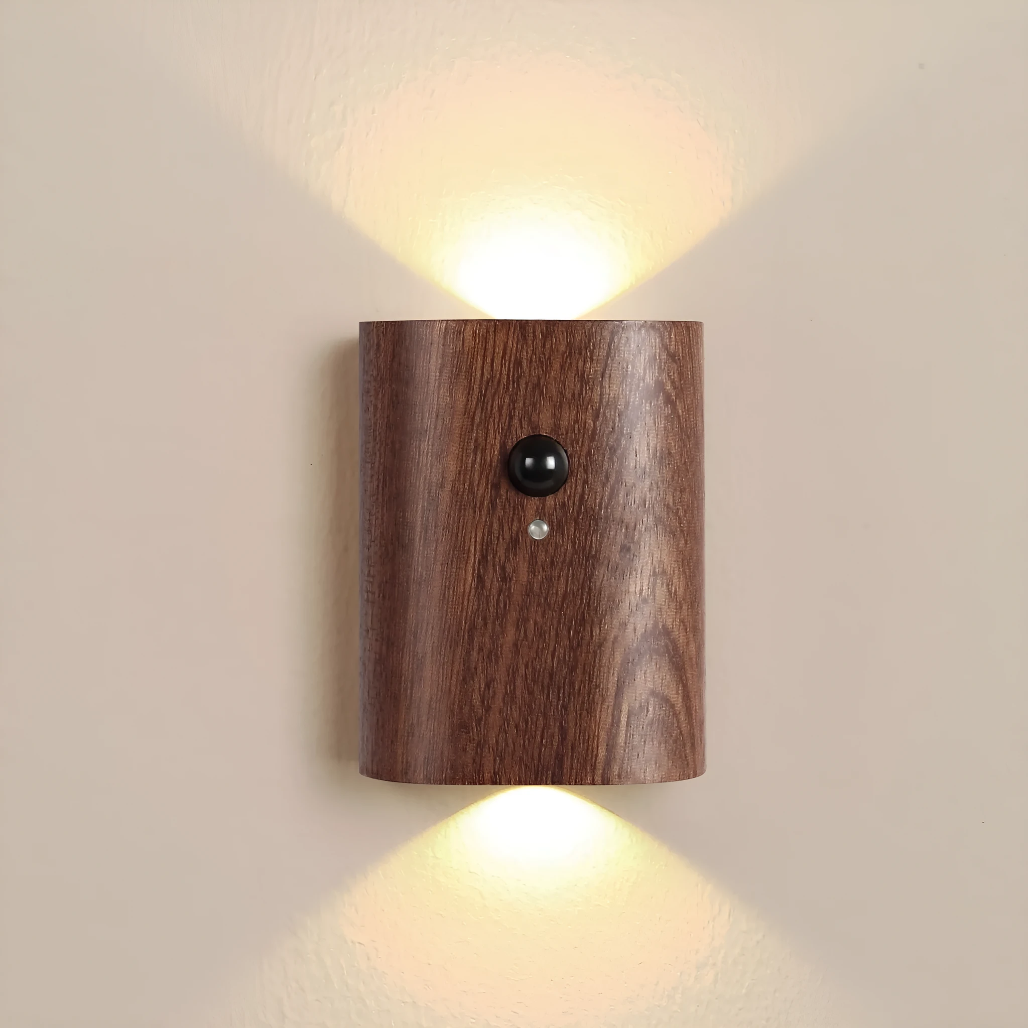 Solid wood pattern linkage human body induction LED light with warm white glow, Sapele finish