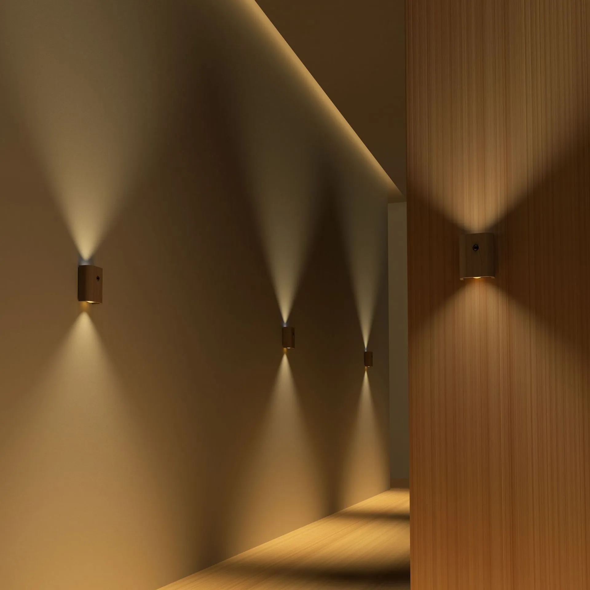 Solid wood pattern linkage human body induction LED light with warm white glow, Sapele finish
