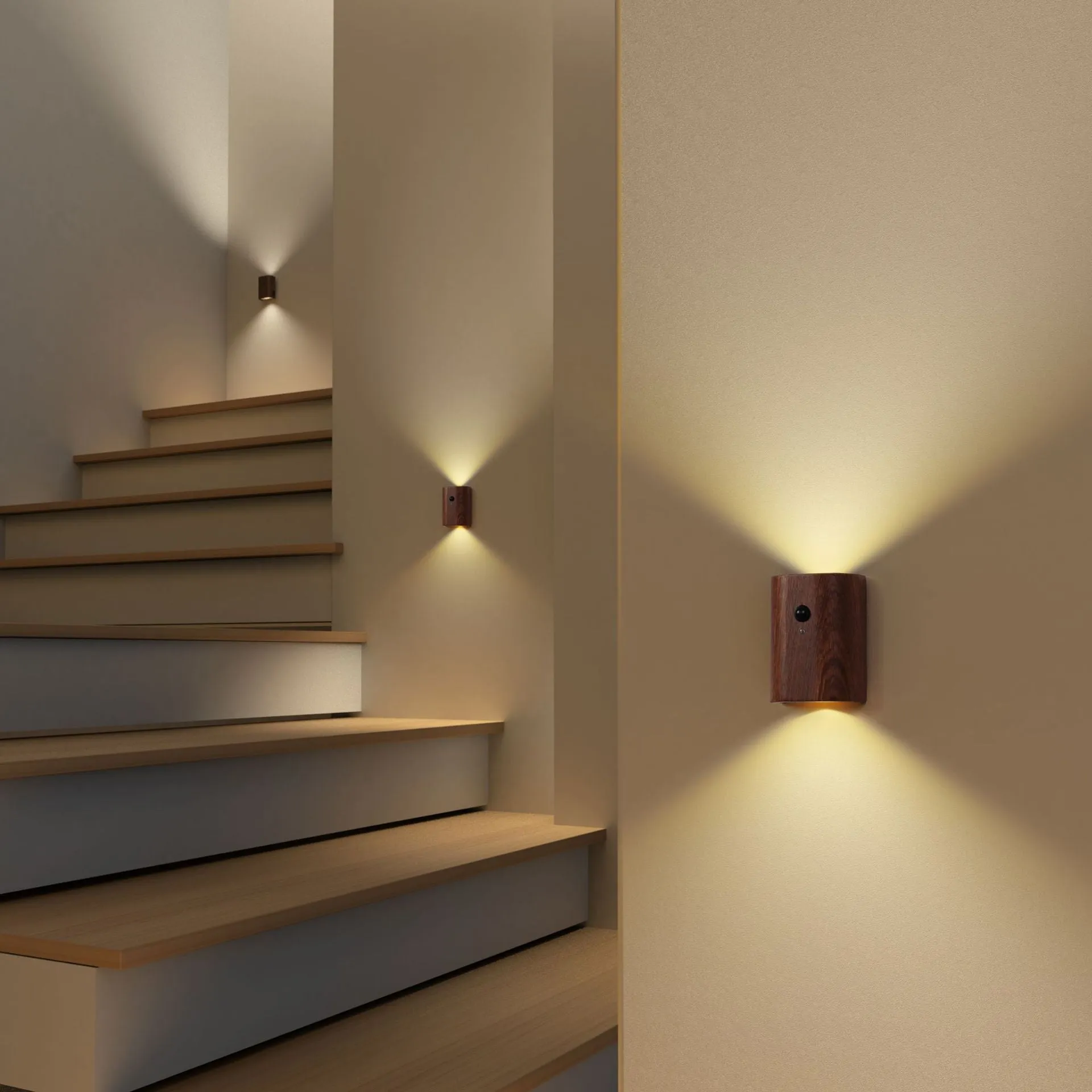 Solid wood pattern linkage human body induction LED light with warm white glow, Sapele finish