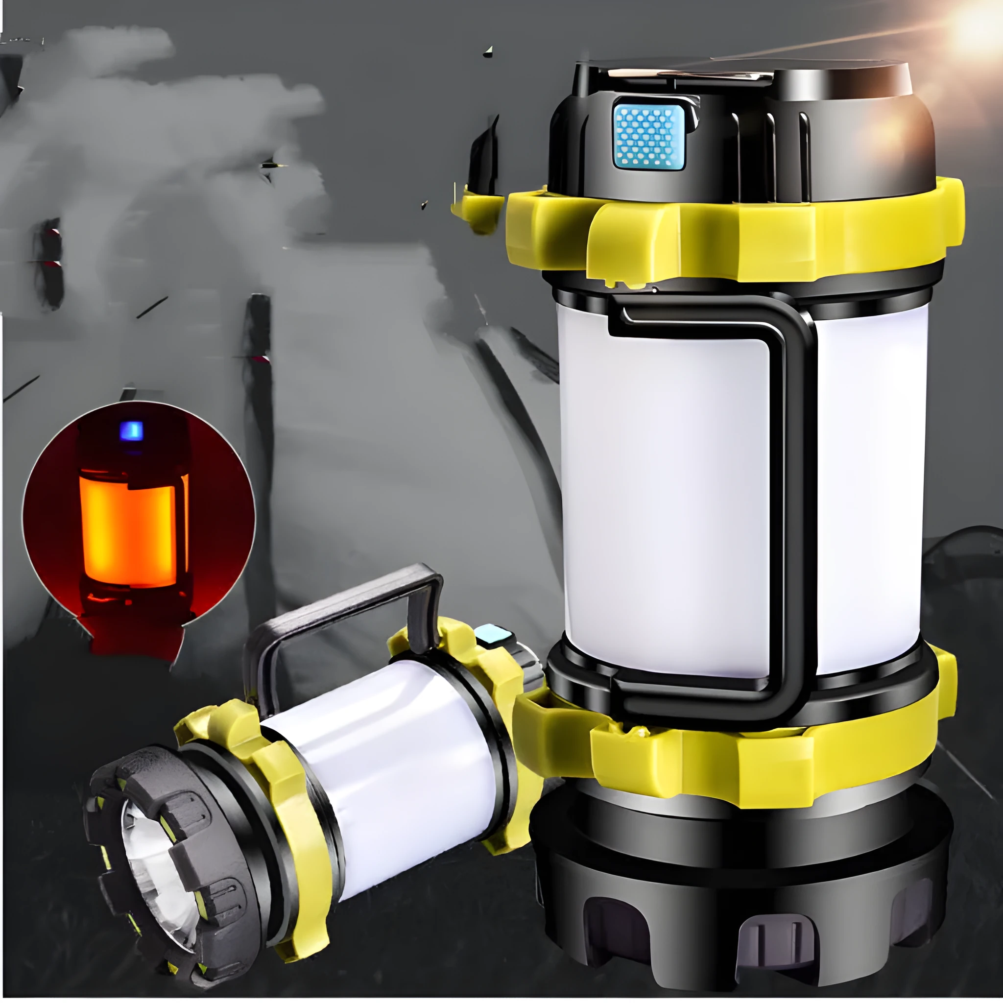 Yellow portable emergency rescue light with 850lm main flashlight and side light on dark background