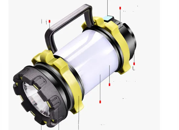 Yellow portable emergency rescue light with 850lm main flashlight and side light on dark background