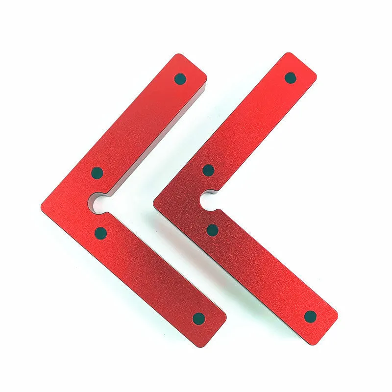 Aluminium right angle positioning block for woodworking with measurement scale.