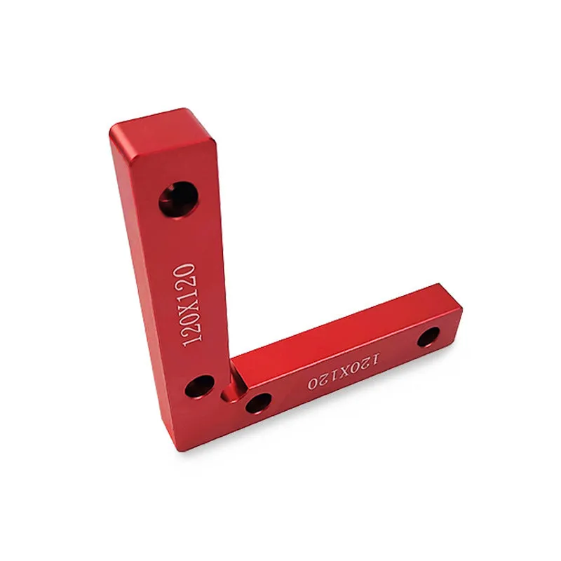 Aluminium right angle positioning block for woodworking with measurement scale.
