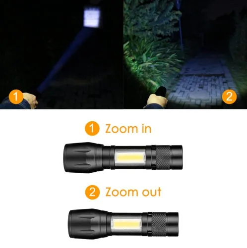 Black aluminium alloy telescopic LED flashlight with adjustable focus and carrying clip