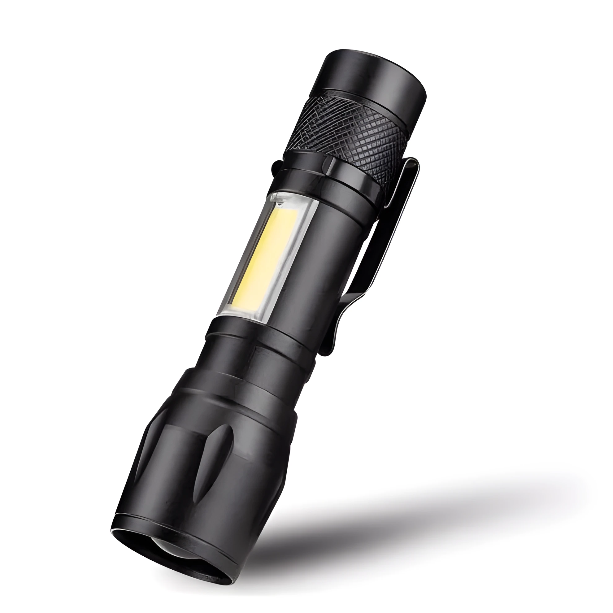 Black aluminium alloy telescopic LED flashlight with adjustable focus and carrying clip