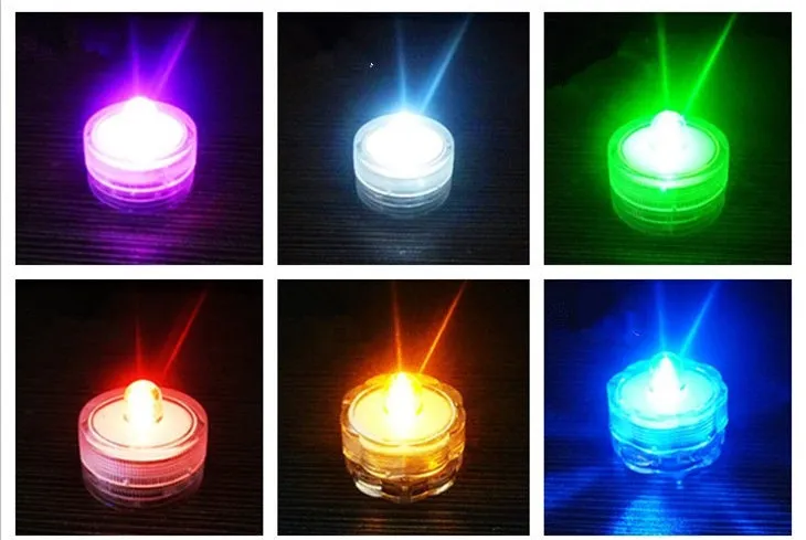 Set of 12 miniature LED waterproof candle lights in 7 colours with round and plum shapes