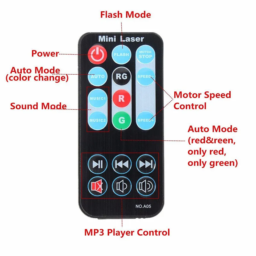 JC-24 dual laser light emitting red and green patterns against a dark indoor background with voice control remote included