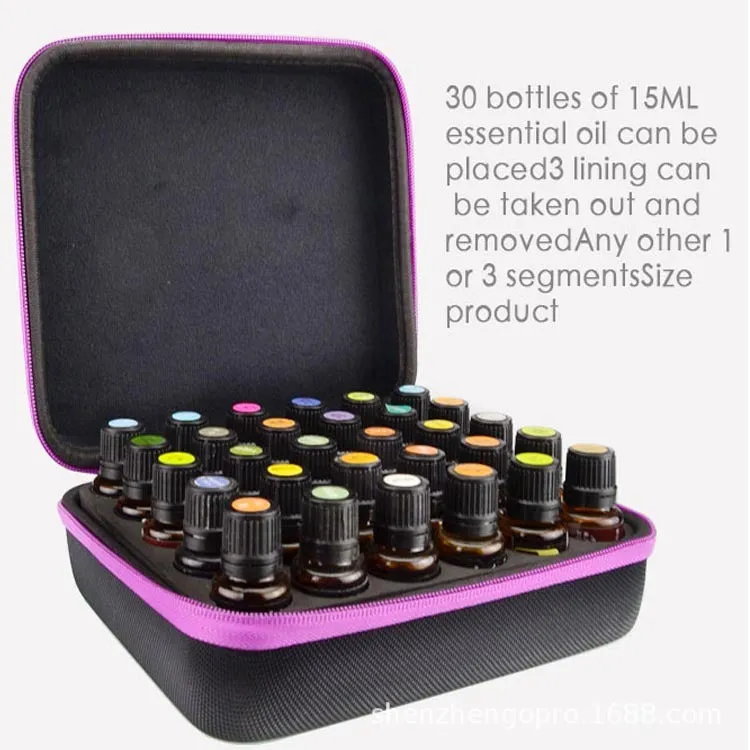 Red EVA essential oil storage bag with 30 compartments hanging on wall
