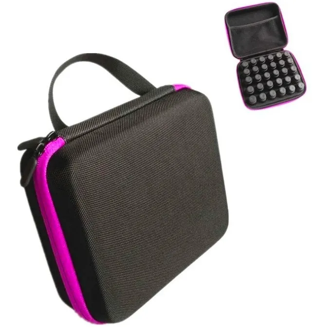 Red EVA essential oil storage bag with 30 compartments hanging on wall