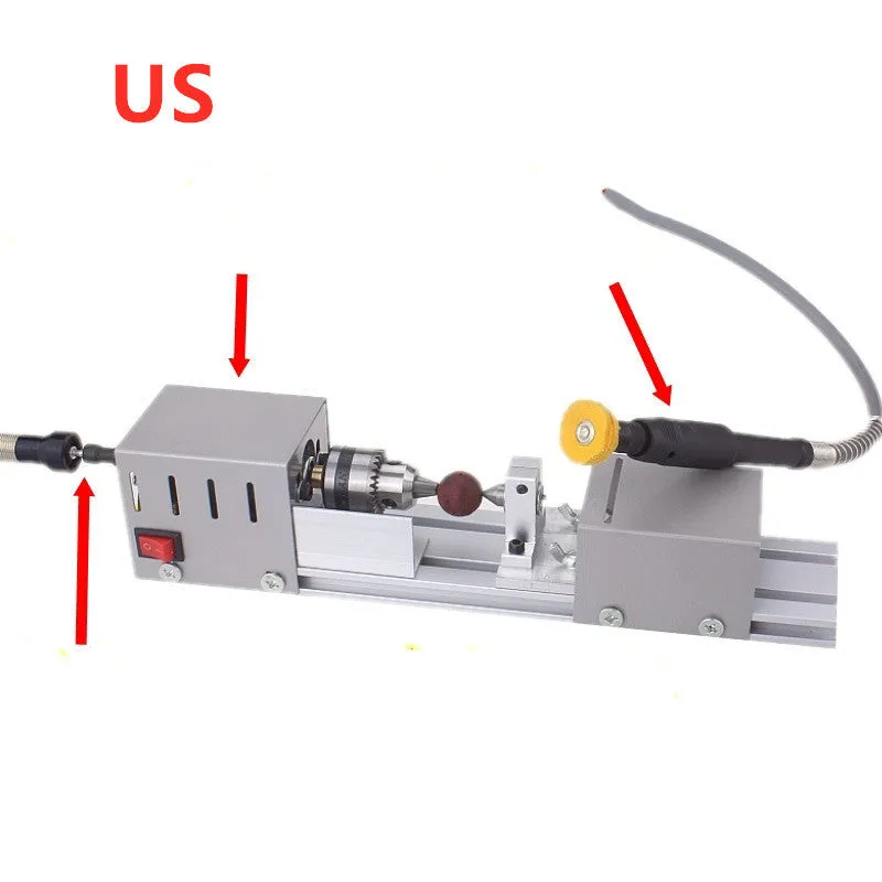 Compact silver metal mini woodworking lathe with tools for manual wood turning, showing scale.