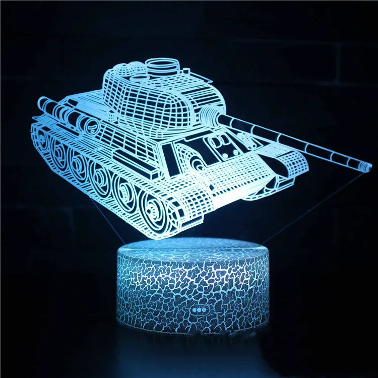 3D table lamp showing train design with black base, acrylic shade, and colourful LED glow