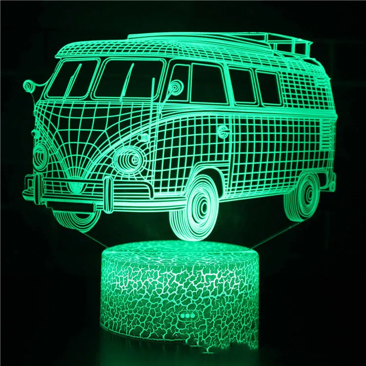 3D table lamp showing train design with black base, acrylic shade, and colourful LED glow