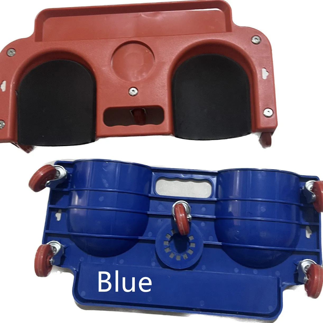 Car repair knee board with universal wheels in blue plastic for household use.