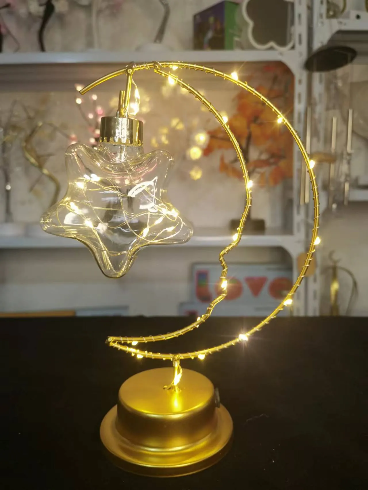 Iron art moon indoor decoration small night light with warm USB power and star design