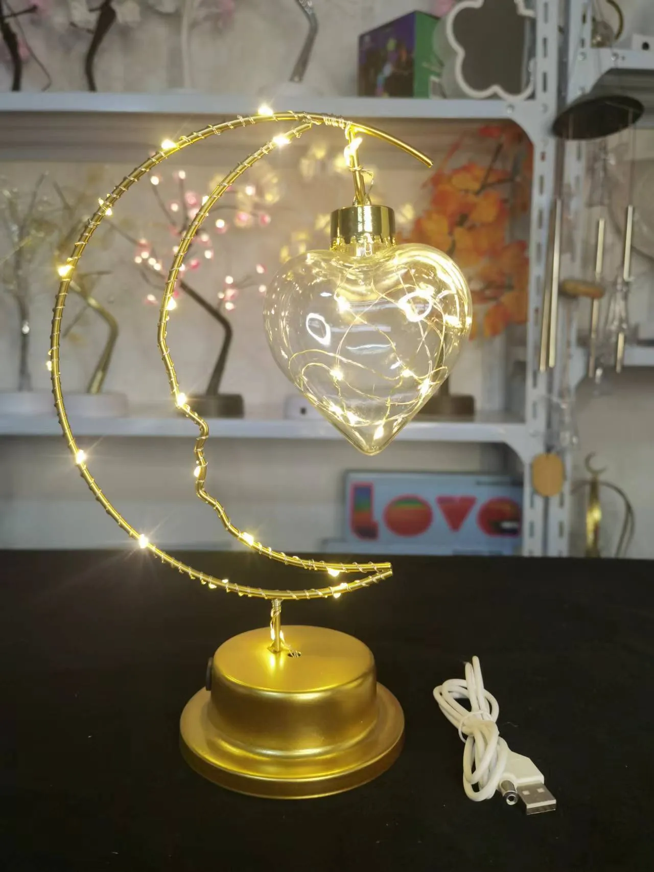Iron art moon indoor decoration small night light with warm USB power and star design