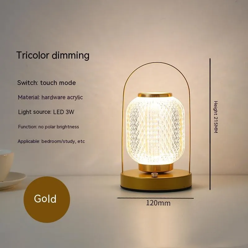 Portable black metal and acrylic LED table lamp with touch dimmer, USB rechargeable, 3W, on a camping table