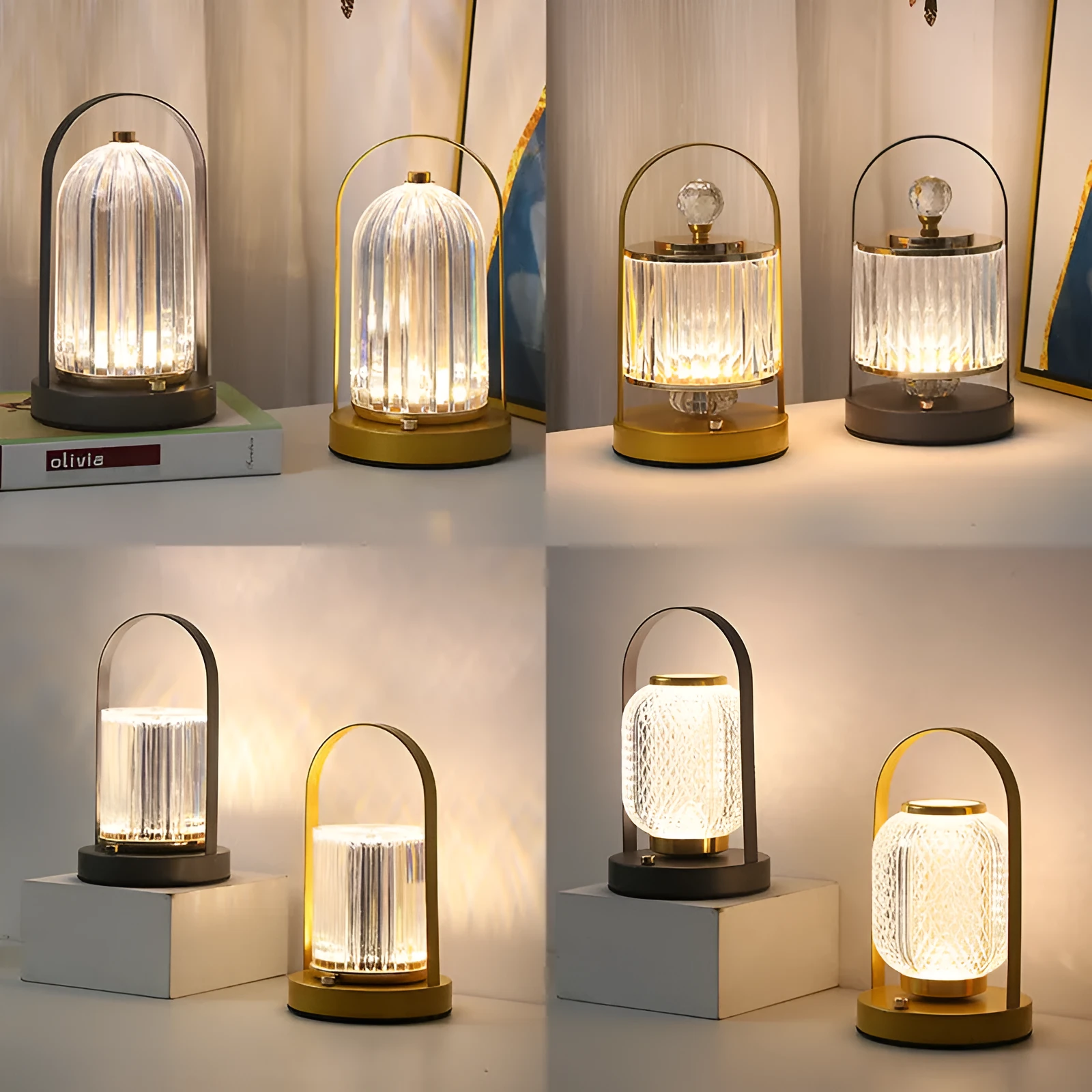 Portable black metal and acrylic LED table lamp with touch dimmer, USB rechargeable, 3W, on a camping table
