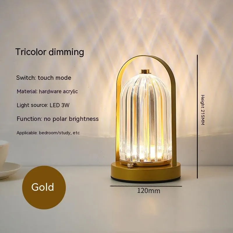 Portable black metal and acrylic LED table lamp with touch dimmer, USB rechargeable, 3W, on a camping table