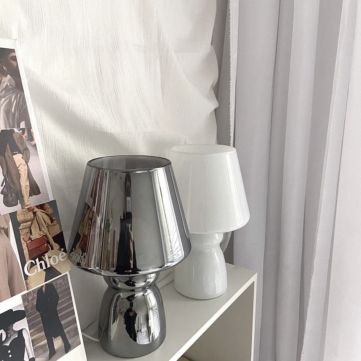 Simple plastic table lamp in soot colour, 16x25cm, for desk or bedside use