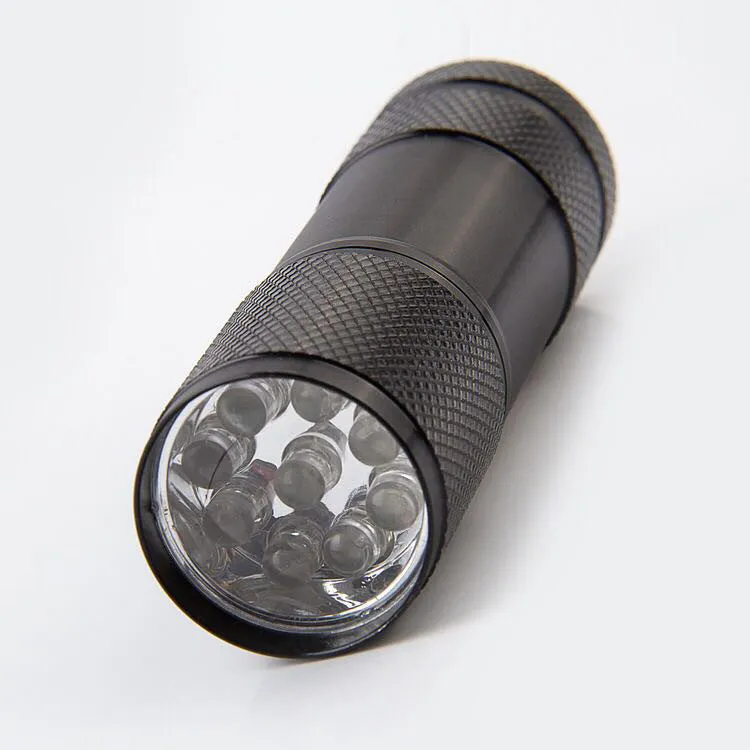 Handheld portable purple light detection LED flashlight with aluminium alloy body, 3W power, 12LED option, on a plain background