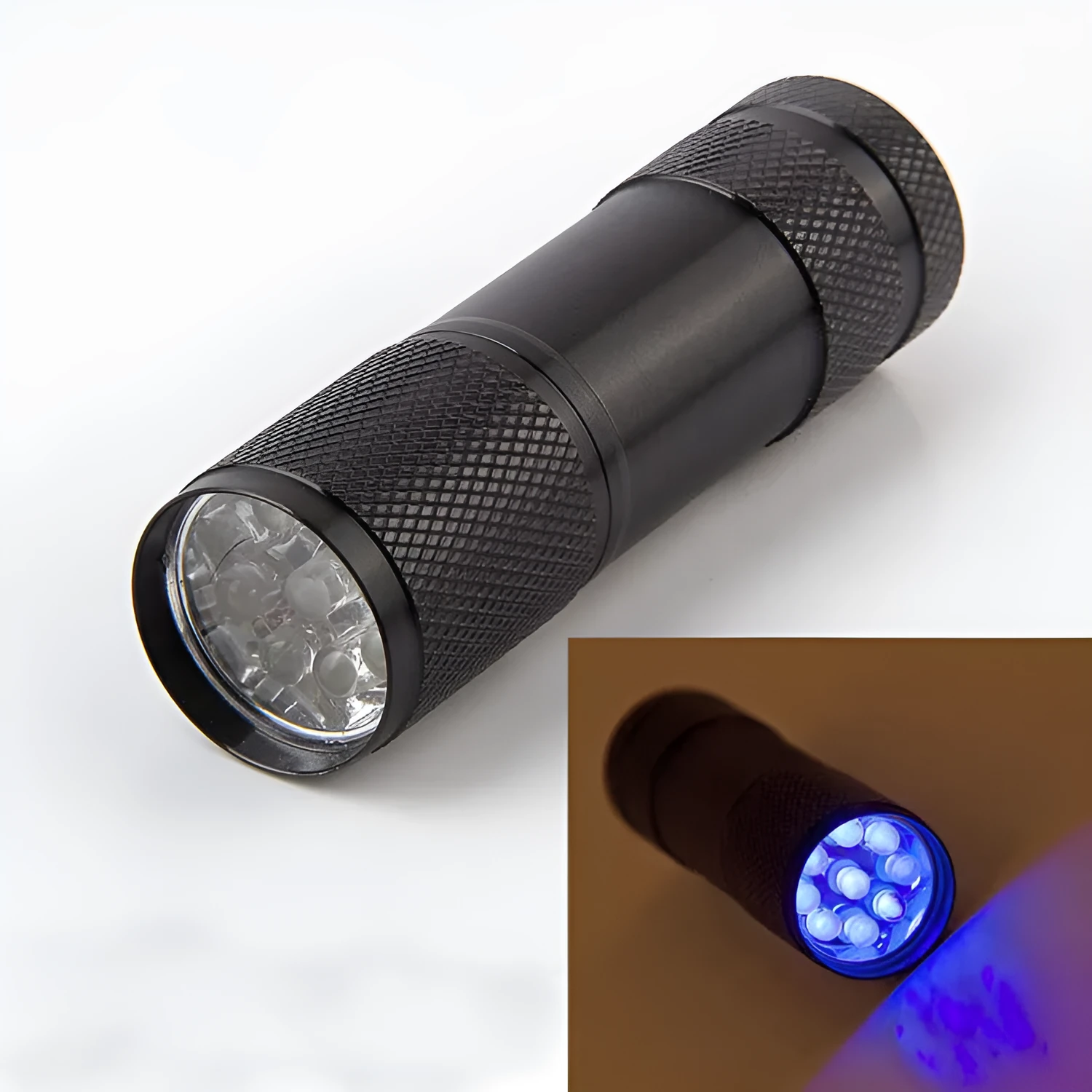 Handheld portable purple light detection LED flashlight with aluminium alloy body, 3W power, 12LED option, on a plain background
