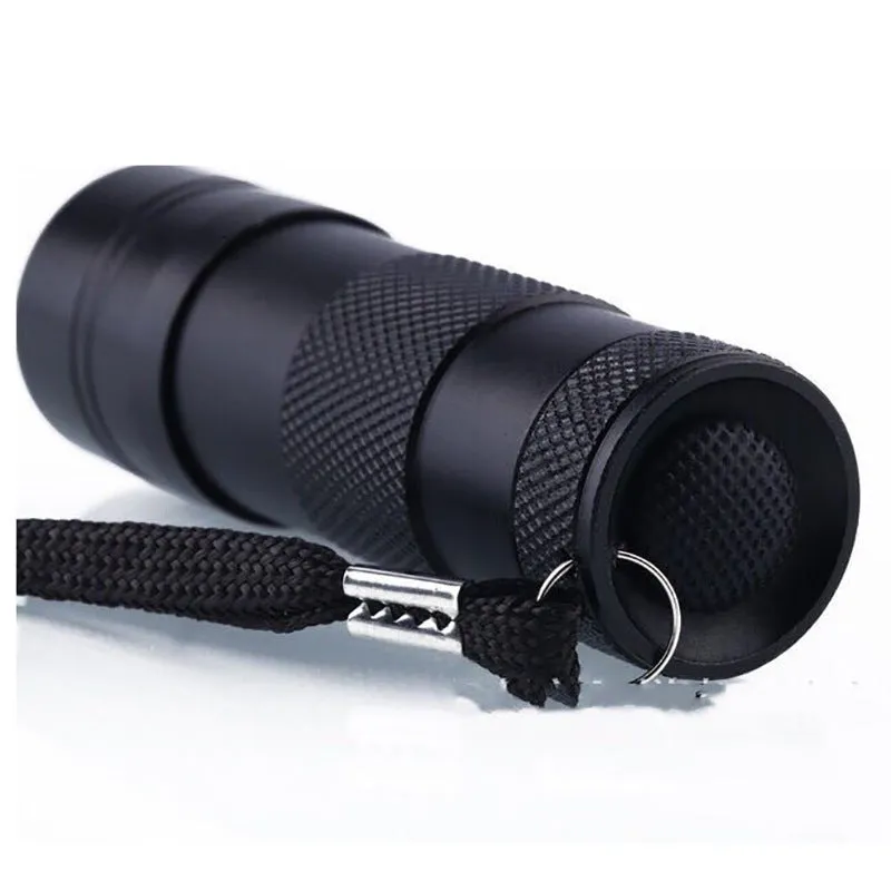 Handheld portable purple light detection LED flashlight with aluminium alloy body, 3W power, 12LED option, on a plain background