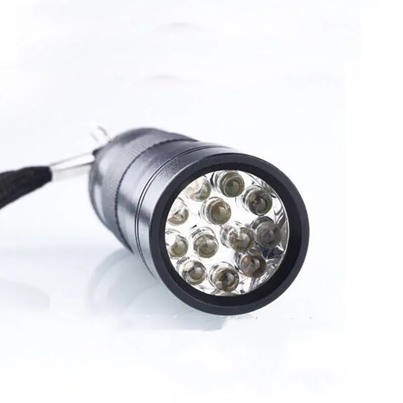 Handheld portable purple light detection LED flashlight with aluminium alloy body, 3W power, 12LED option, on a plain background