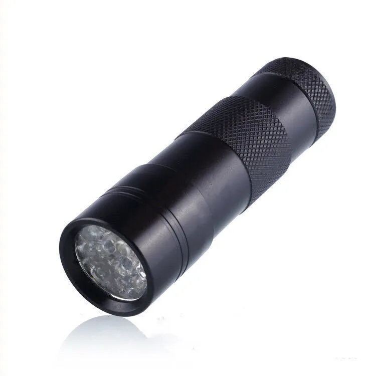 Handheld portable purple light detection LED flashlight with aluminium alloy body, 3W power, 12LED option, on a plain background