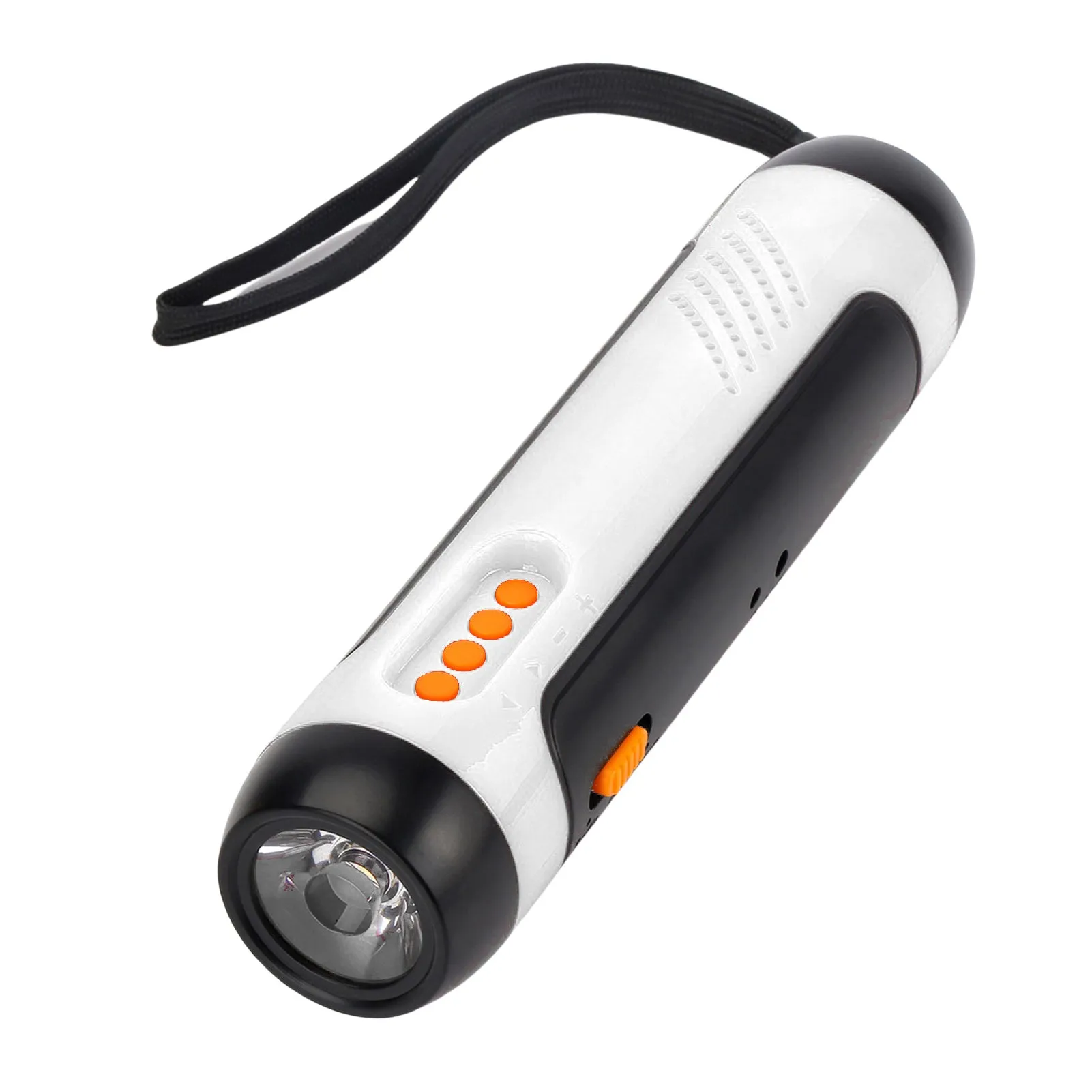 Outdoor rechargeable FM alarm flashlight in red with LED beam, ABS body, USB cable and hand crank