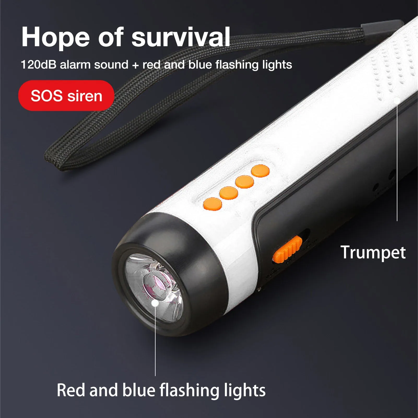 Outdoor rechargeable FM alarm flashlight in red with LED beam, ABS body, USB cable and hand crank