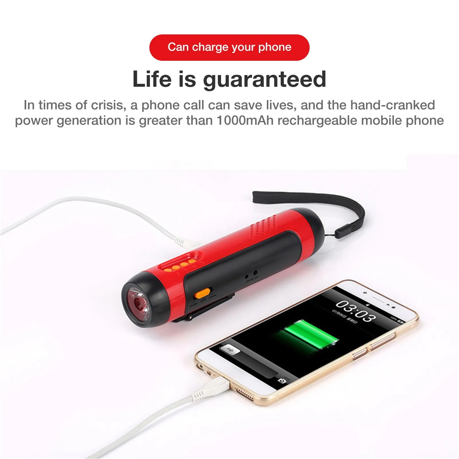 Outdoor rechargeable FM alarm flashlight in red with LED beam, ABS body, USB cable and hand crank