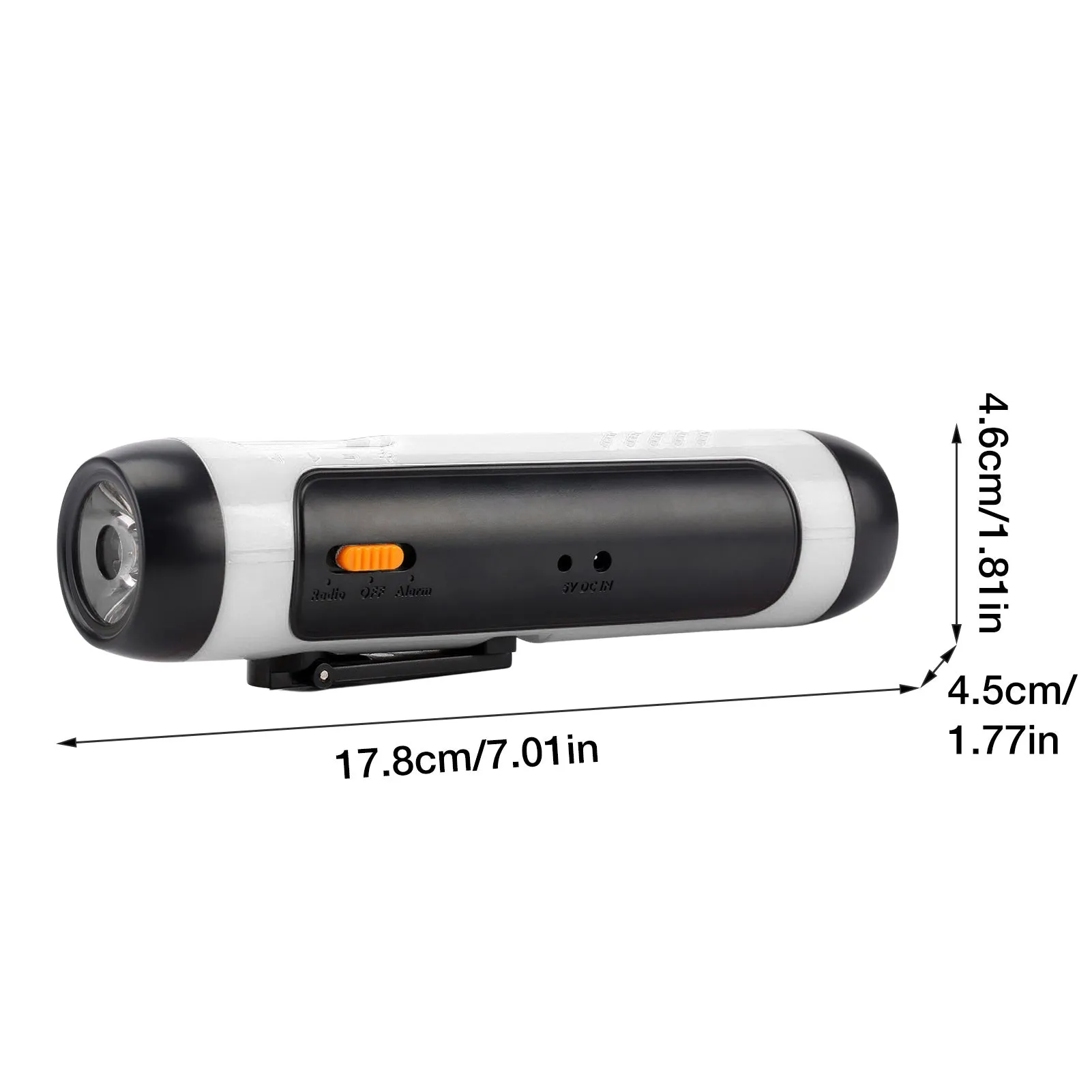 Outdoor rechargeable FM alarm flashlight in red with LED beam, ABS body, USB cable and hand crank