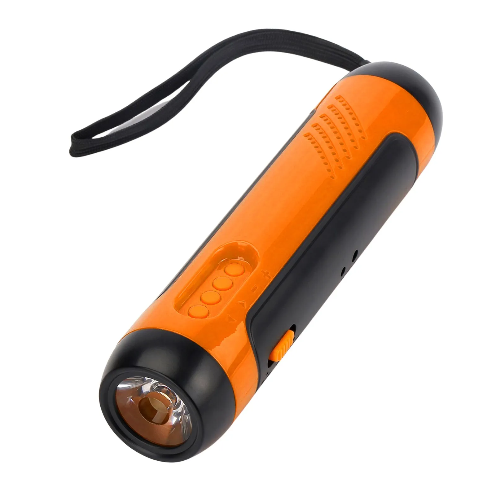 Outdoor rechargeable FM alarm flashlight in red with LED beam, ABS body, USB cable and hand crank