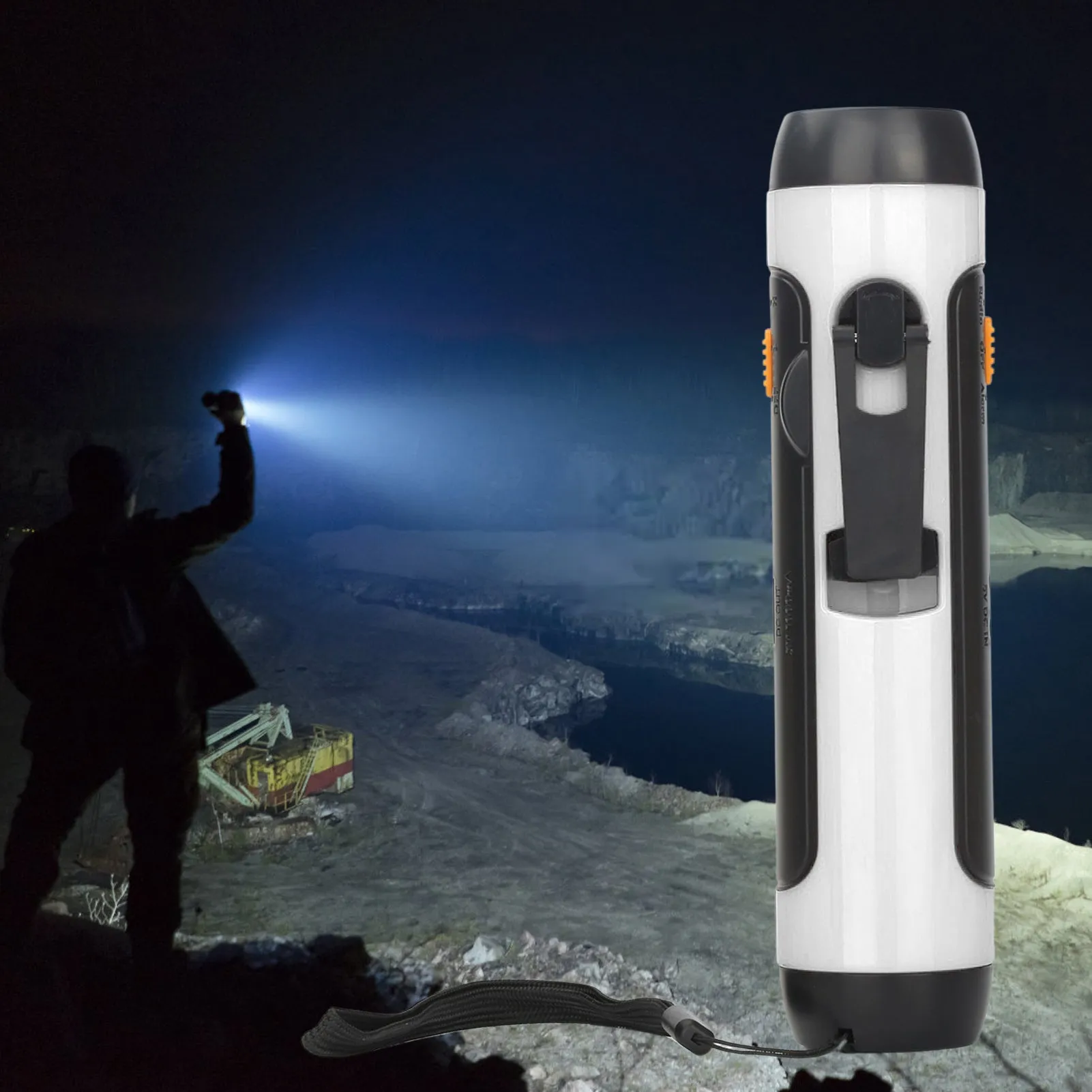 Outdoor rechargeable FM alarm flashlight in red with LED beam, ABS body, USB cable and hand crank