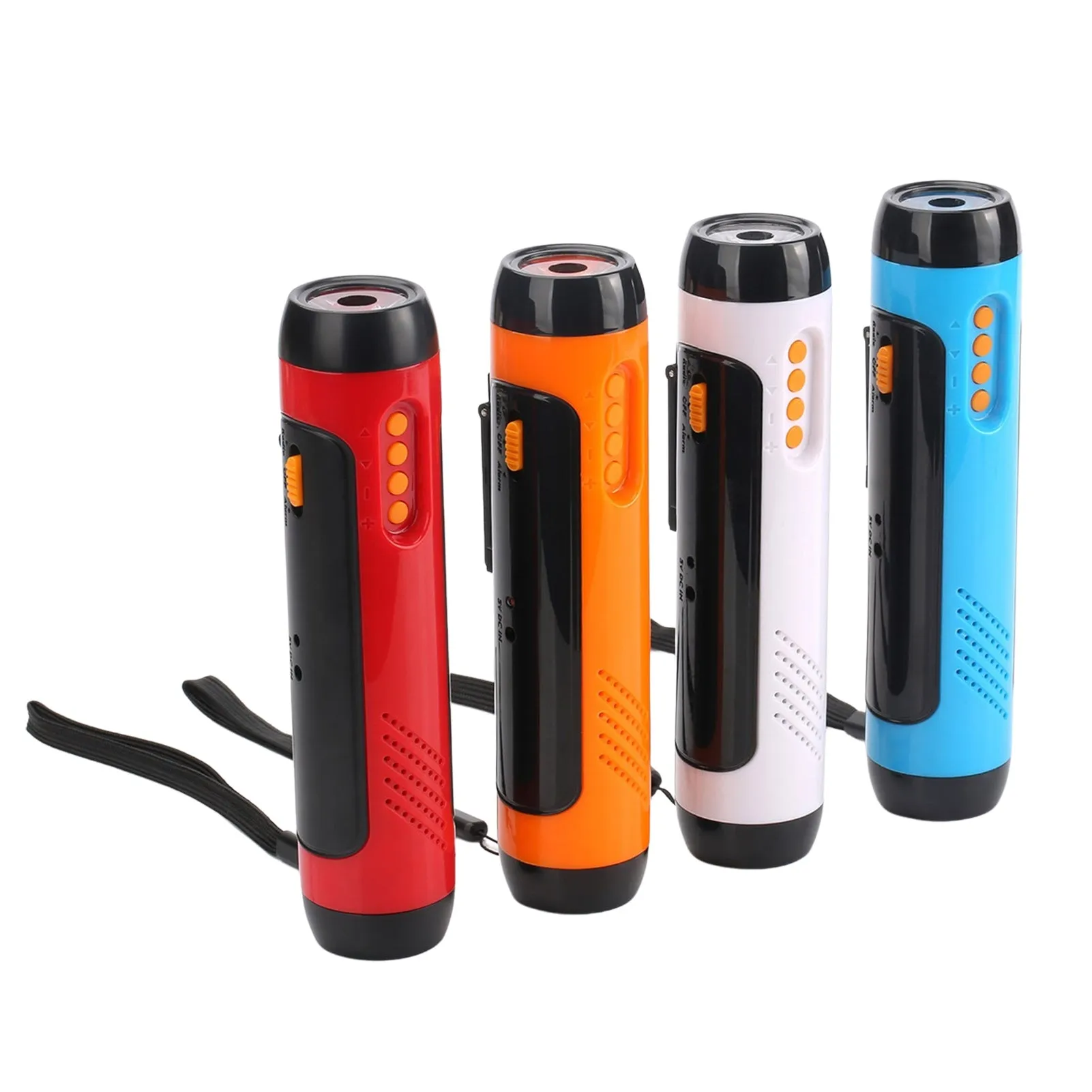 Outdoor rechargeable FM alarm flashlight in red with LED beam, ABS body, USB cable and hand crank