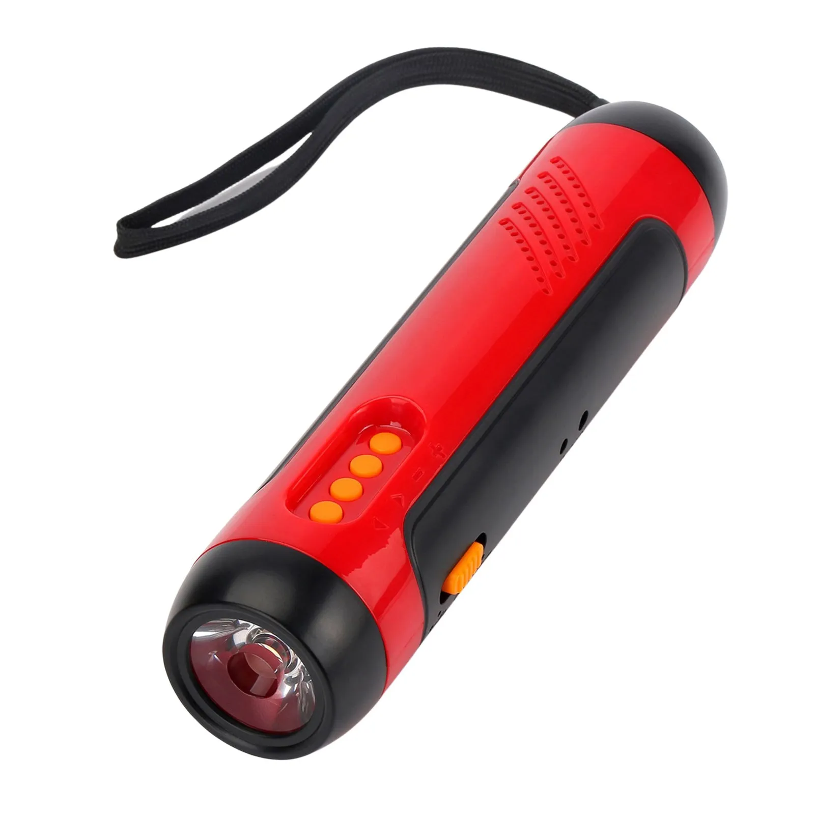 Outdoor rechargeable FM alarm flashlight in red with LED beam, ABS body, USB cable and hand crank