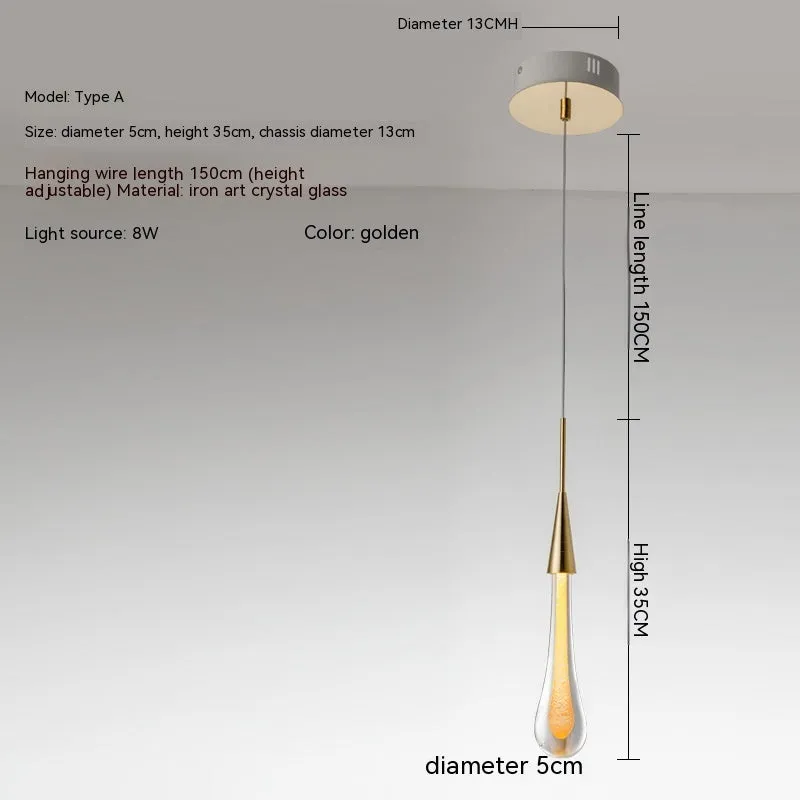 Drop-shaped glass chandelier ceiling lamp with crystal design, 600mm overall size, LED warm light option
