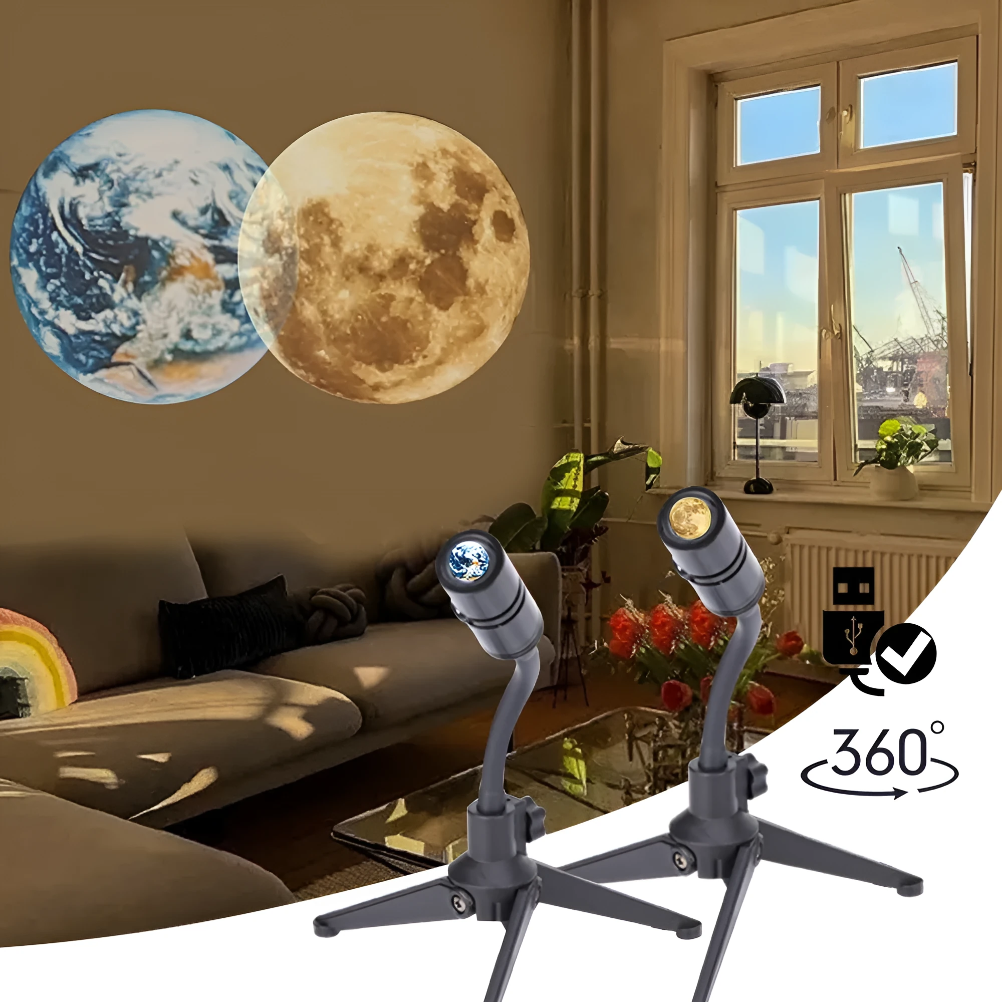 2 in 1 Earth and Moon star projector lamp with adjustable hose bracket on a table