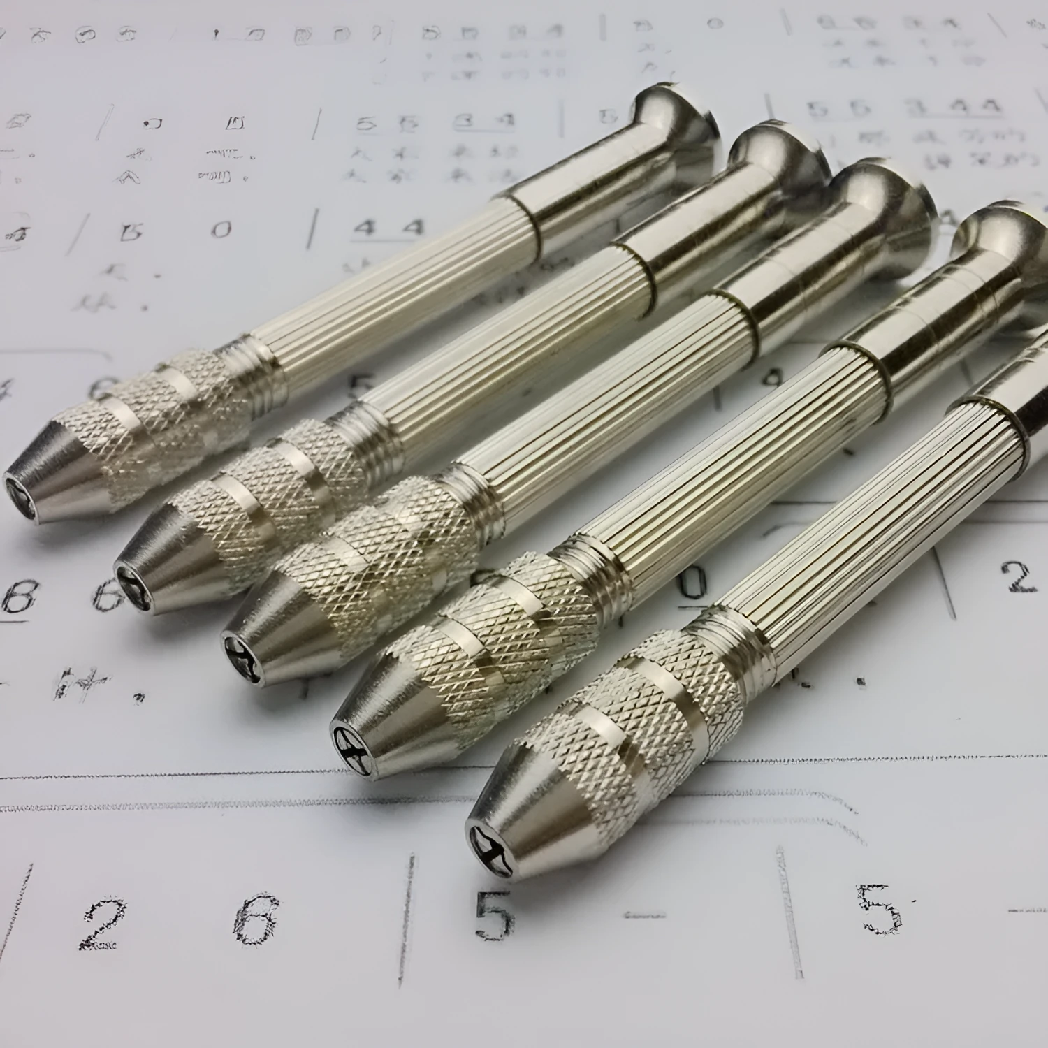 Hand twist drill with two collets and four drill bits on a wooden surface