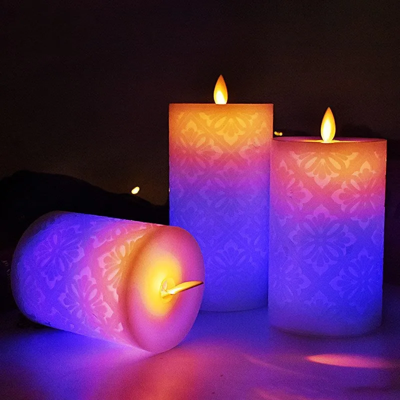 LED hollow pattern electronic candle decoration lamp in cylindrical paraffin wax, 8x15cm size