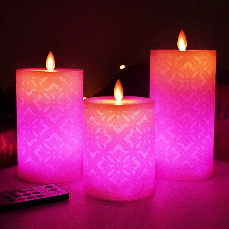 LED hollow pattern electronic candle decoration lamp in cylindrical paraffin wax, 8x15cm size